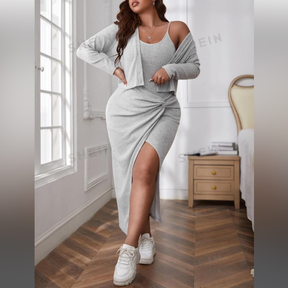 SHEIN Open Front cardigan & ribbed knit Dress